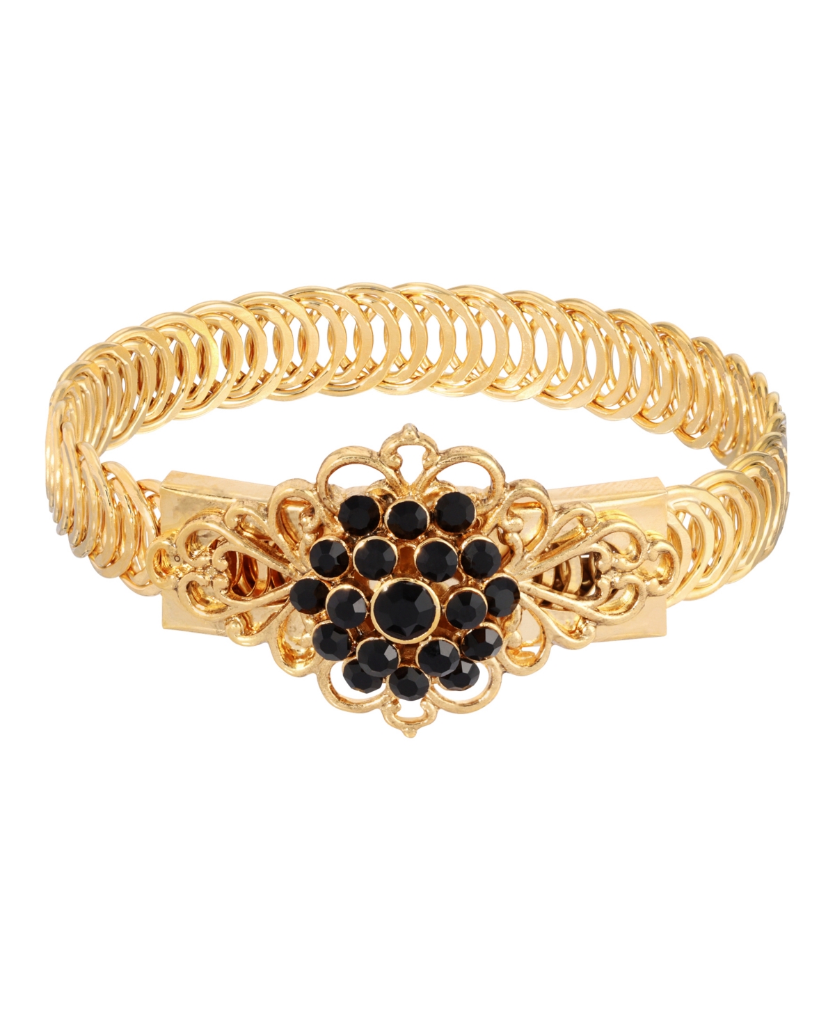 14K Gold-tone Black Flower Overlay Belt Bracelet - Black