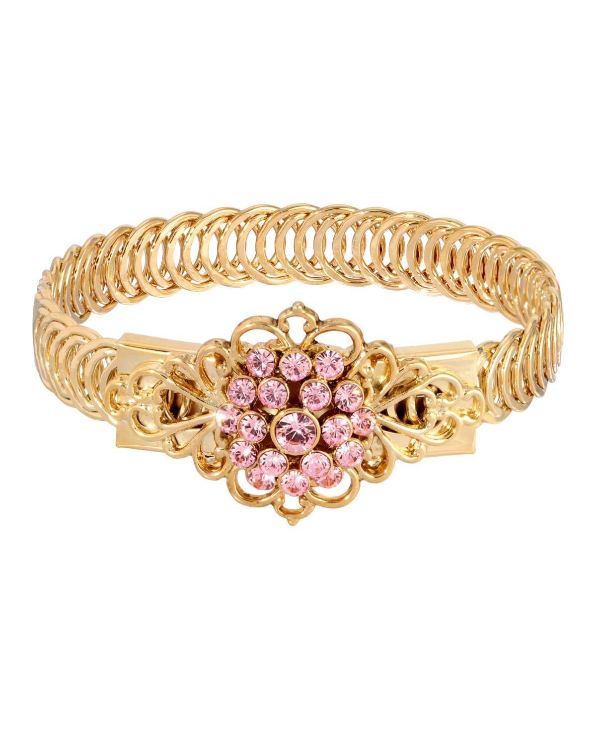 14K Gold-tone Pink Flower Overlay Belt Bracelet - Pink