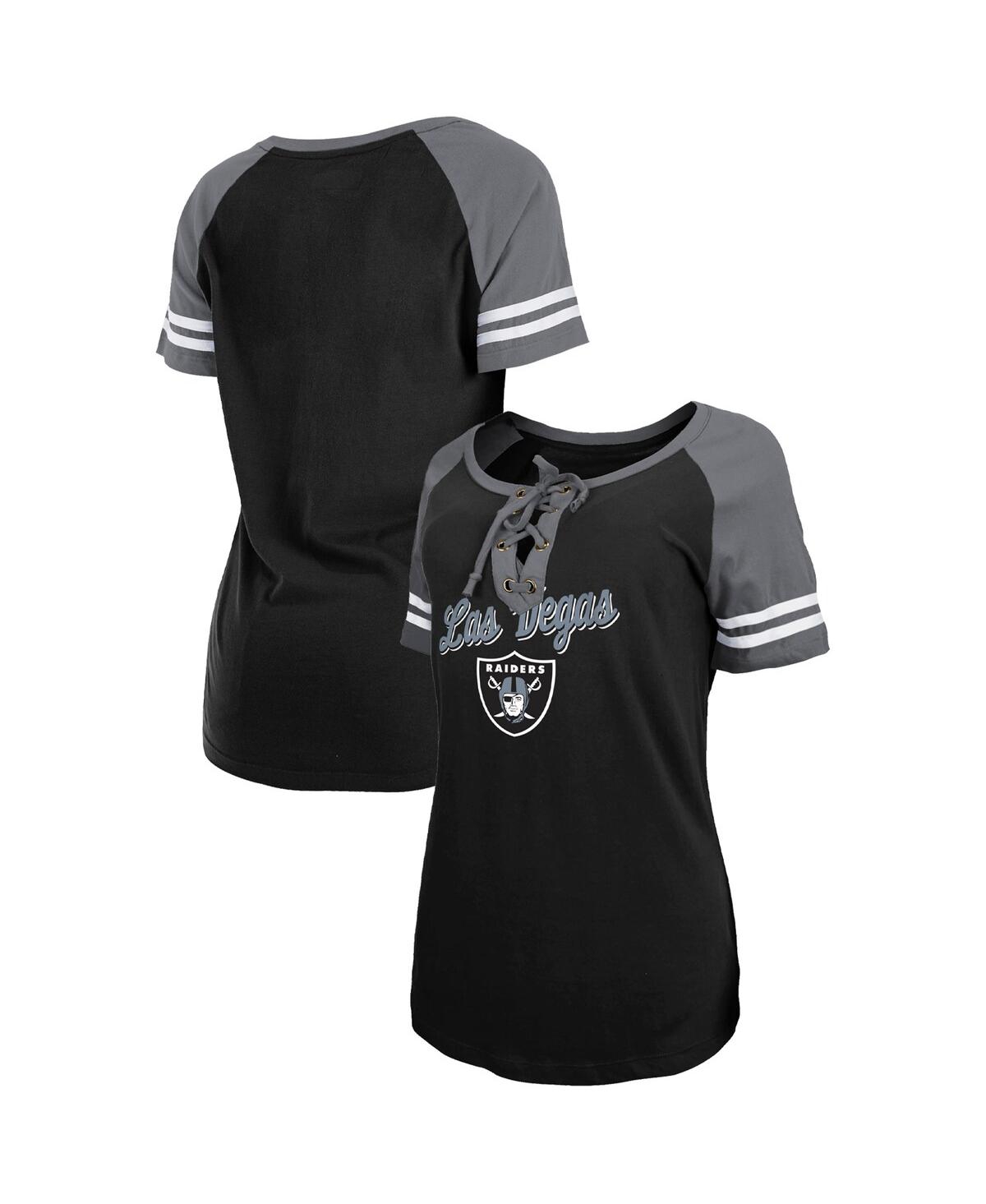 New Era Women's  Black, Silver Las Vegas Raiders Logo Lace-up Raglan T-shirt In Black,silver