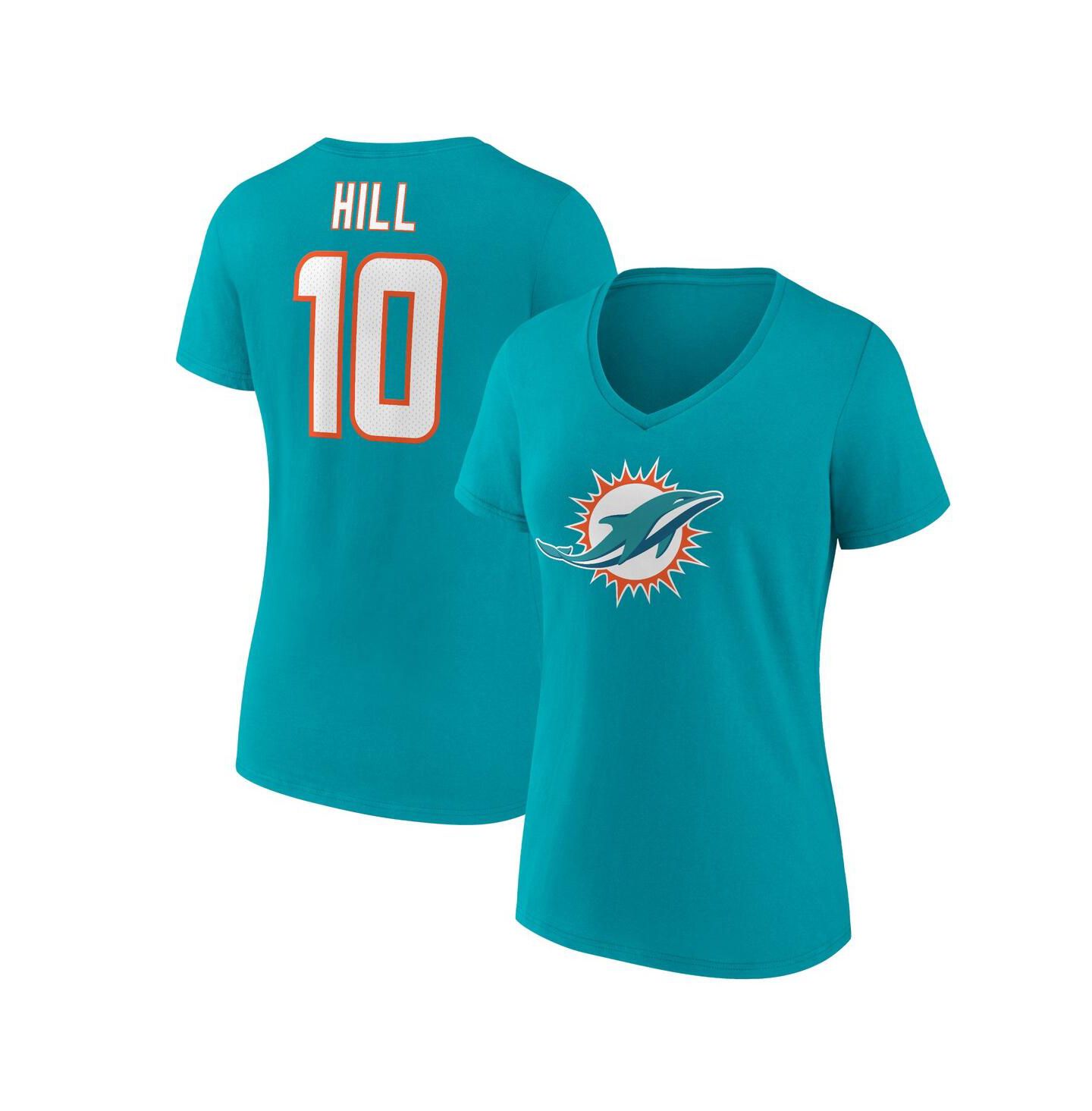 Женская футболка Fanatics Tyreek Hill Aqua Miami Dolphins Player Icon Name and Number V-Neck — фото 2