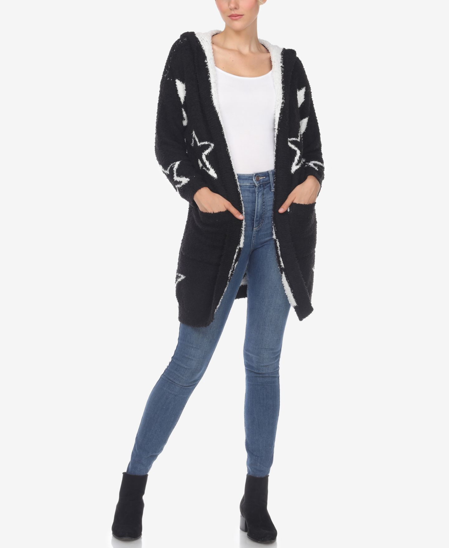 Женский кардиган White Mark Hooded Open Front Sherpa, цвет: Чёрный / Белый — фото 1