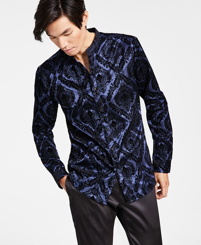 I.N.C. International Concepts Men's Flocked Baroque BandCollar Shirt