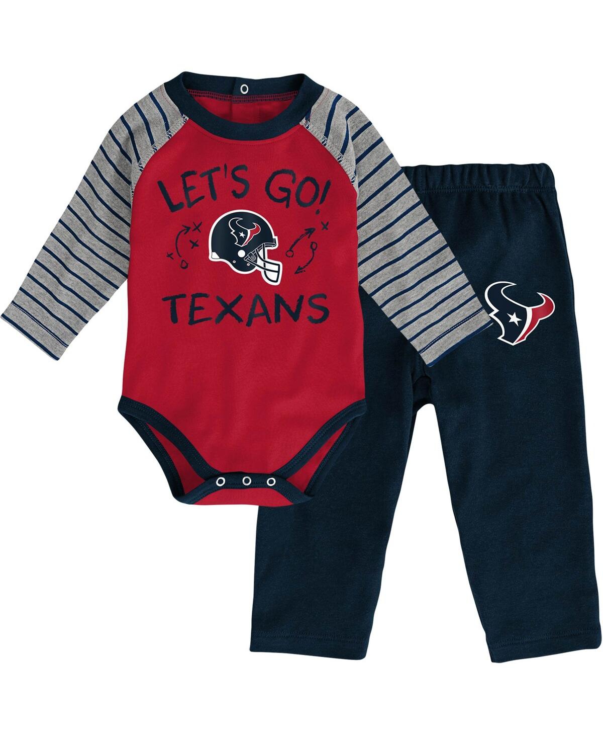 OUTERSTUFF INFANT BOYS AND GIRLS RED, NAVY HOUSTON TEXANS TOUCHDOWN RAGLAN LONG SLEEVE 2 PIECE BODYSUIT AND PAN