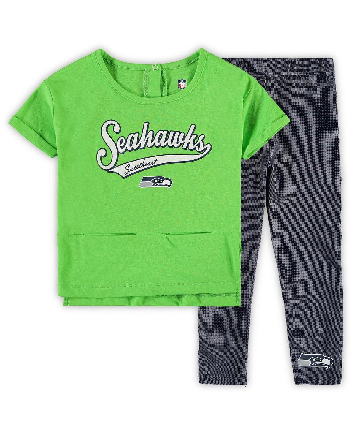 Outerstuff Babies' Little Girls Neon Green Seattle Seahawks Diamond T-shirt And Leggings Set