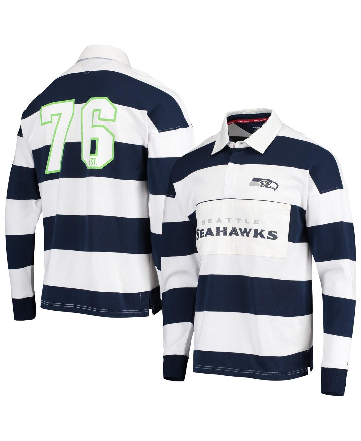 Men's Tommy Hilfiger College Navy, White Seattle Seahawks Varsity Stripe Rugby Long Sleeve Polo Shirt