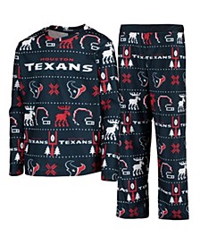 Youth Boys Navy Houston Texans Logo Allover Print Long Sleeve T-shirt and Pants Holiday Pajamas Sleep Set