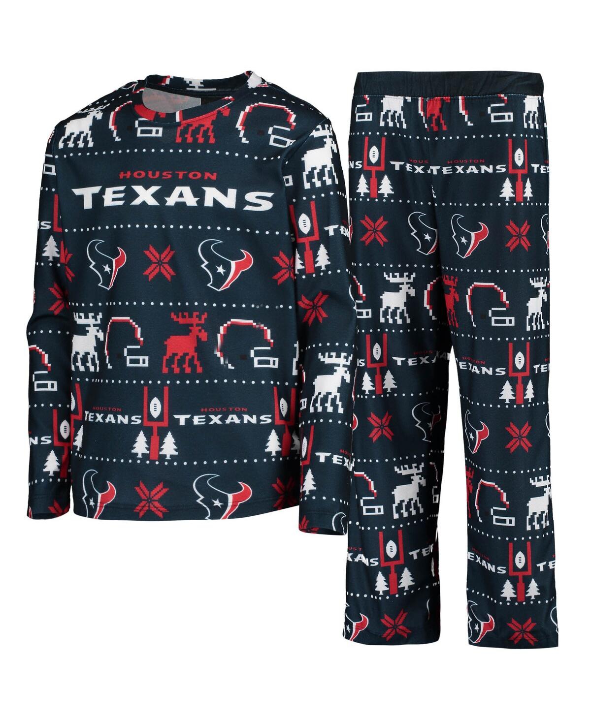 Outerstuff Kids' Big Boys Navy Houston Texans Logo Allover Print Long Sleeve T-shirt And Pants Holiday Pajamas Sleep 