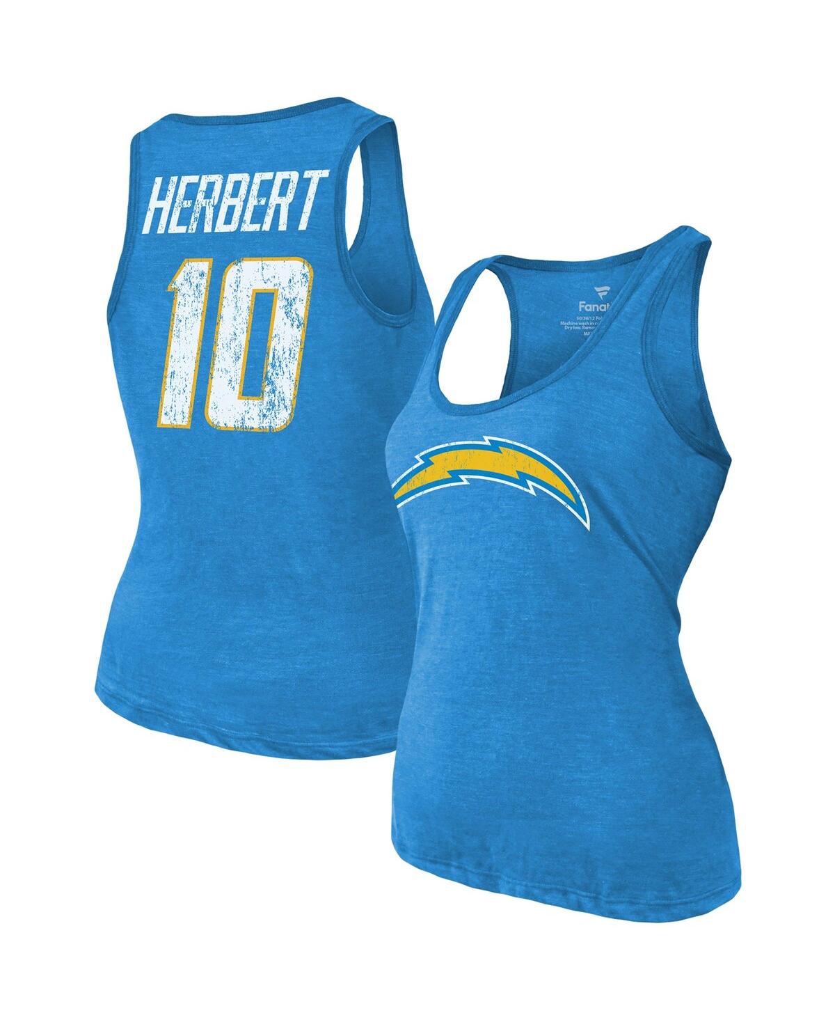 Women's Majestic Threads Justin Herbert Heathered Powder Blue Los Angeles Chargers Name & Number Tri-Blend Tank Top - Powder Blue