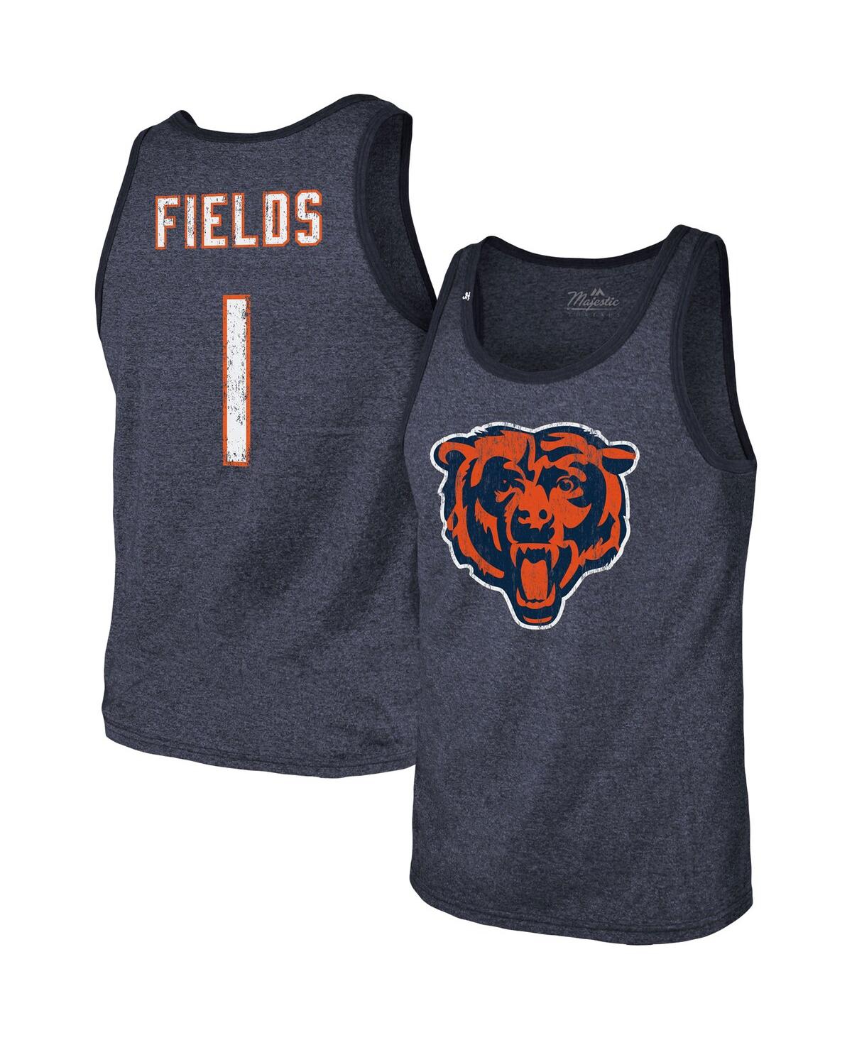 Men's Majestic Threads Justin Fields Heathered Navy Chicago Bears Player Name and Number Tri-Blend Tank Top - Heathered Navy