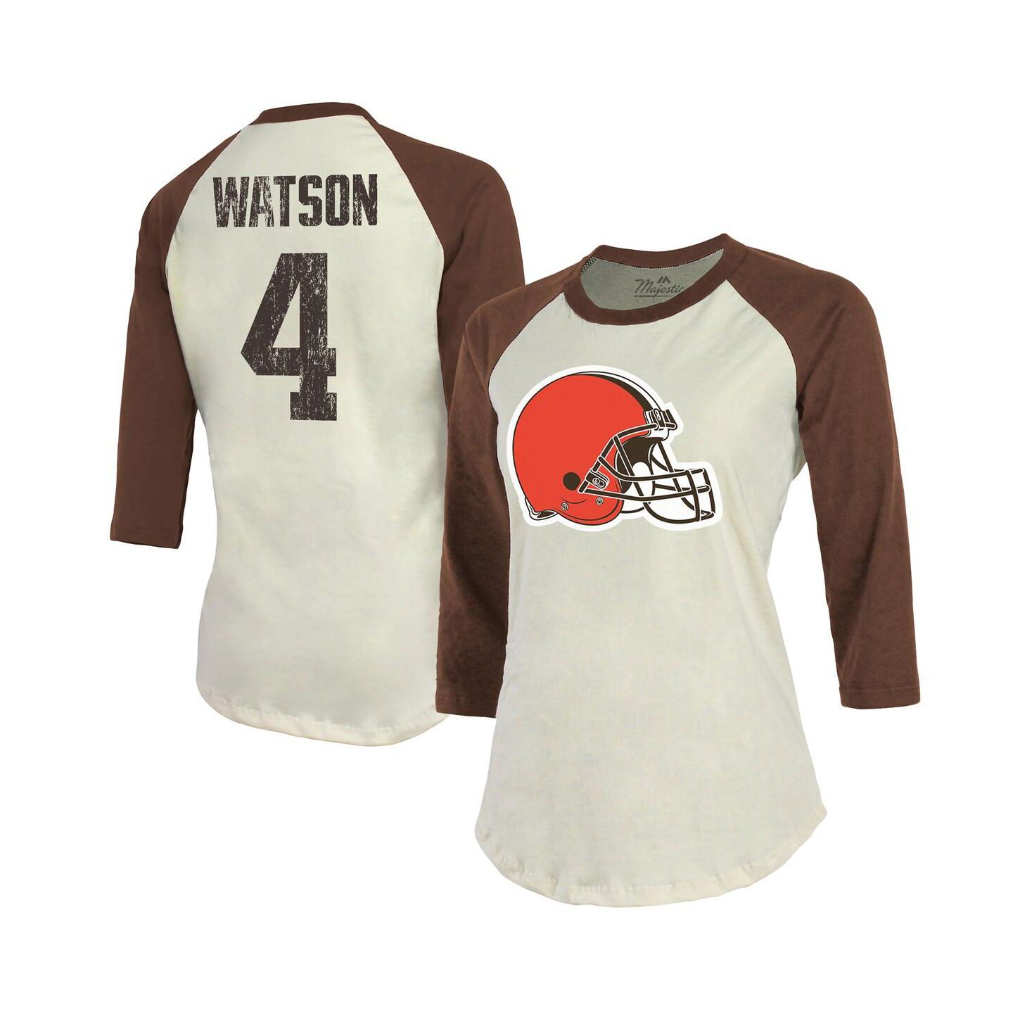 Женская футболка Majestic Threads Deshaun Watson Cream, Brown Cleveland Browns Name & Number Raglan 3/4 Sleeve — фото 1