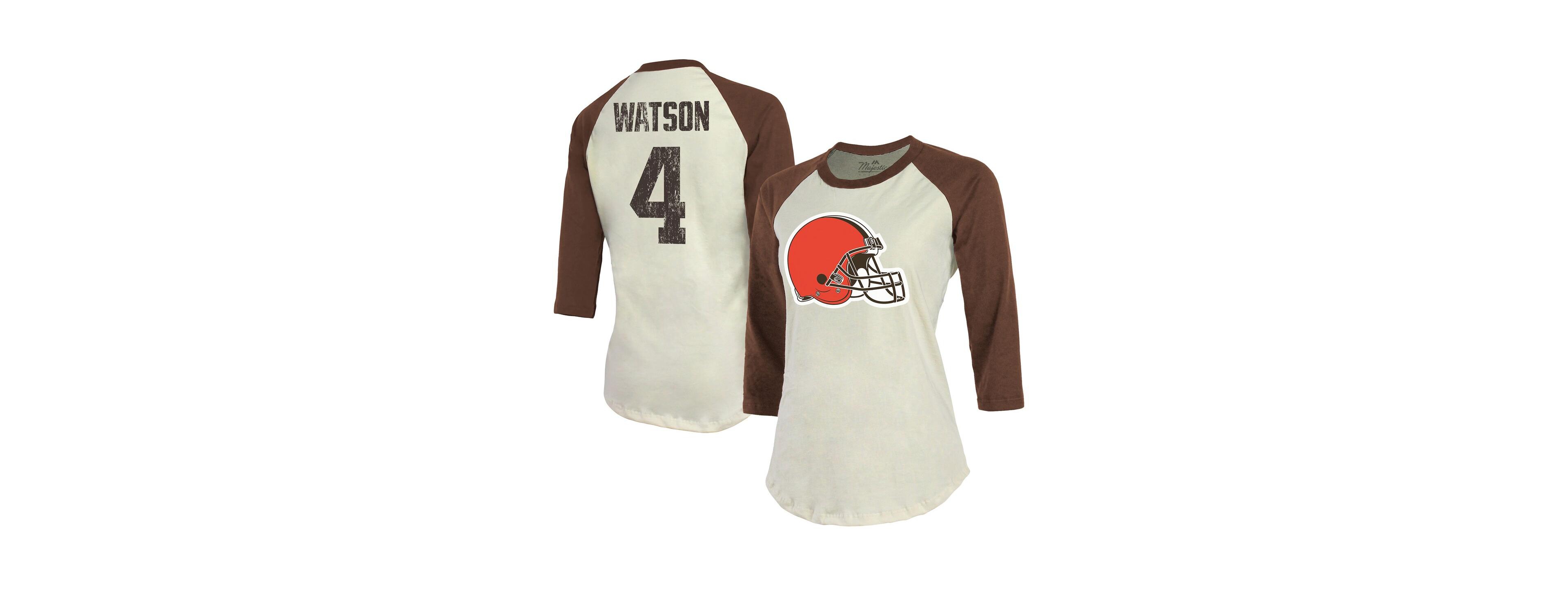 Women's Majestic Threads Deshaun Watson Cream, Brown Cleveland Browns Name & Number Raglan 3/4 Sleeve T-shirt
