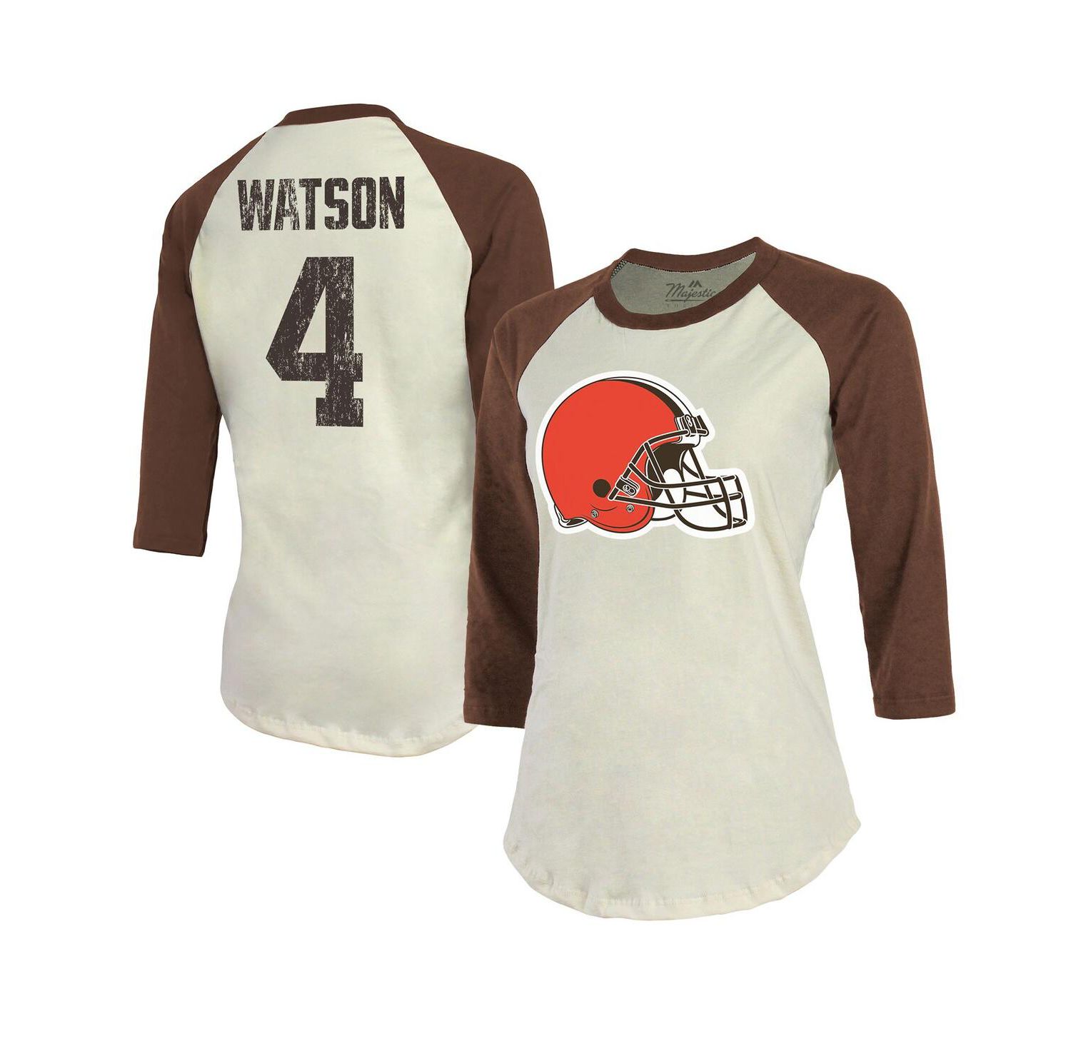 Women's Threads Deshaun Watson Cream, Brown Cleveland Browns Name & Number Raglan 3/4 Sleeve T-shirt