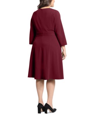 Plus Size 3/4-Sleeve Tab-Waist Fit & Flare Dress