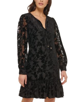 kensie - Women's Velvet Burnout Long-Sleeve Drop Waist Dress