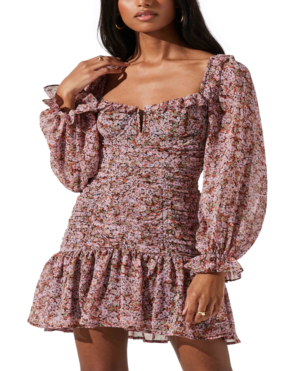 Astr The Label Women's Carmella Printed Ruched Ruffled Dress