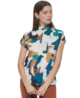 Calvin Klein - Women's Short Sleeve Printed Mock Neck Top