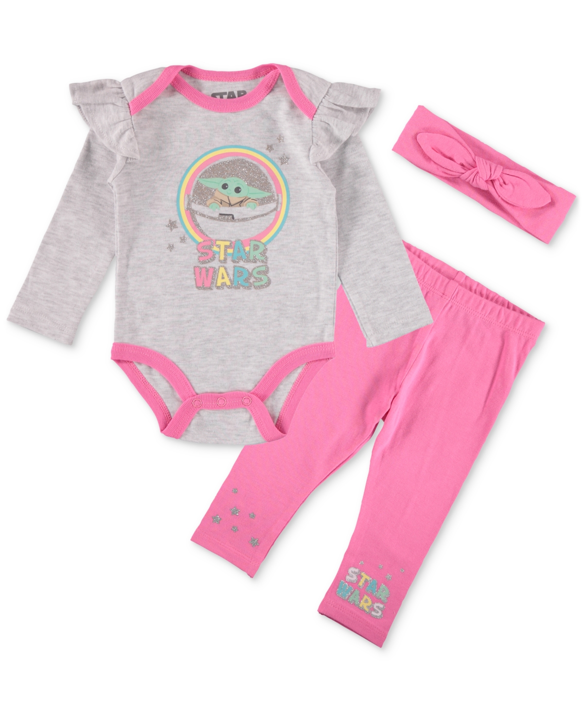 Happy Threads Baby Girls Star Wars Baby Yoda Bodysuit, Pant & Headband Set In Pink Combo