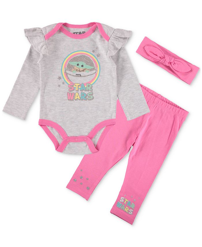 Happy Threads Baby Girls Baby Yoda Bodysuit Pants and Headband