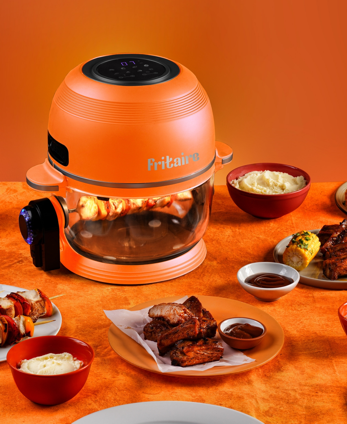 Fritaire Self Cleaning Glass Bowl Air Fryer Set, 4 Piece- Midnight In Orange