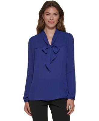 DKNY - Women's V-Neck Tie-Detail Long-Sleeve Blouse