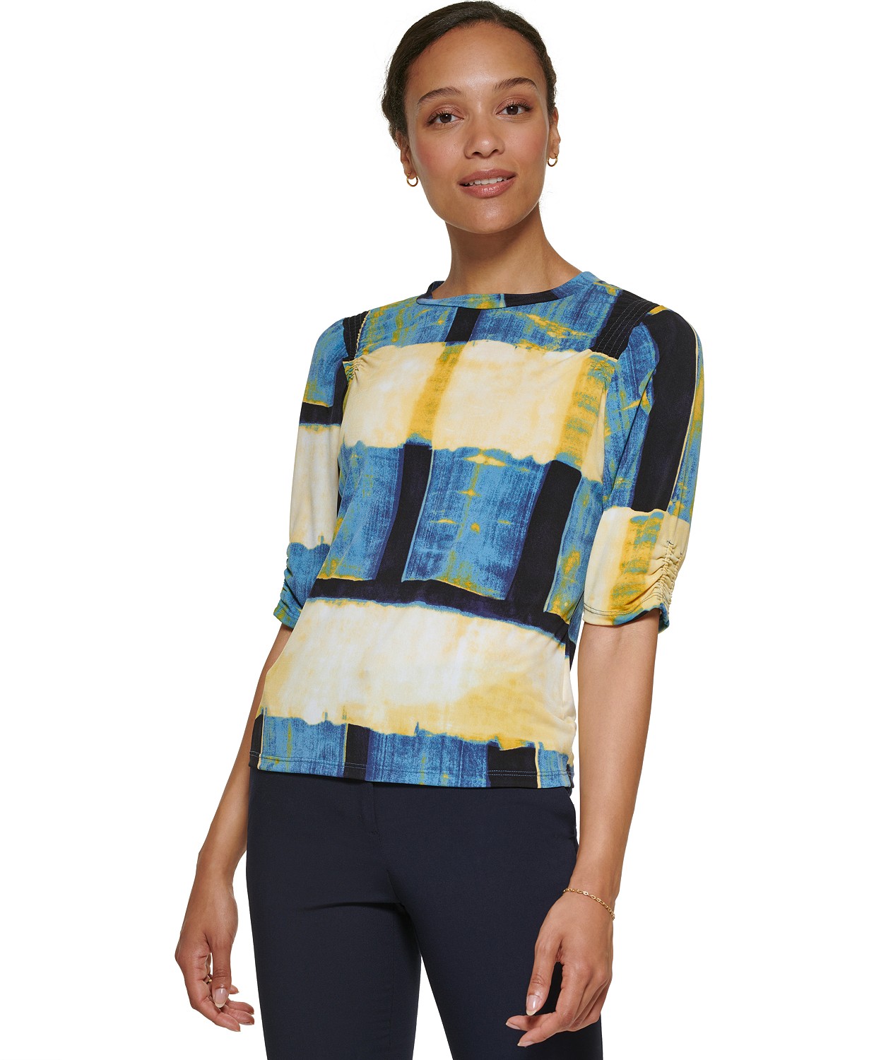 Womens Printed Ruched-Elbow-Length Sleeve Top