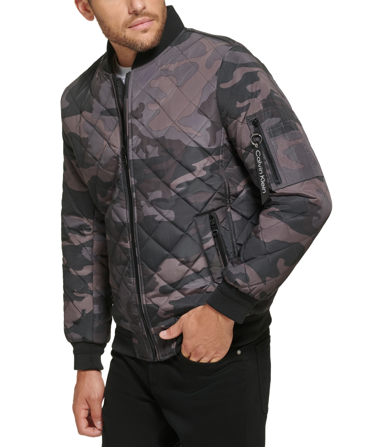 Calvin Klein Men's Quilted Baseball Jacket With Rib-knit Trim In Black Camo