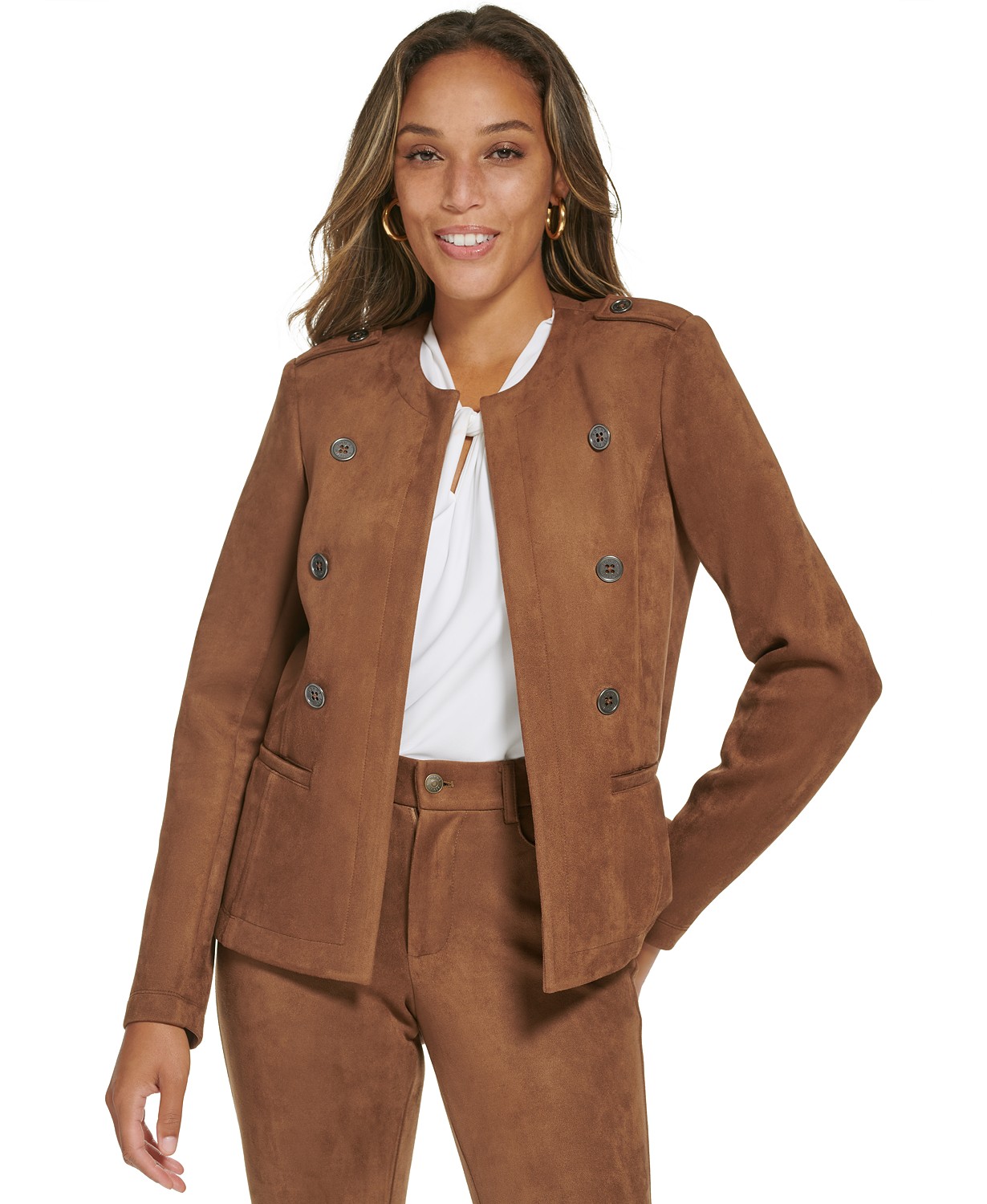 Faux Suede Open Front Collarless Blazer