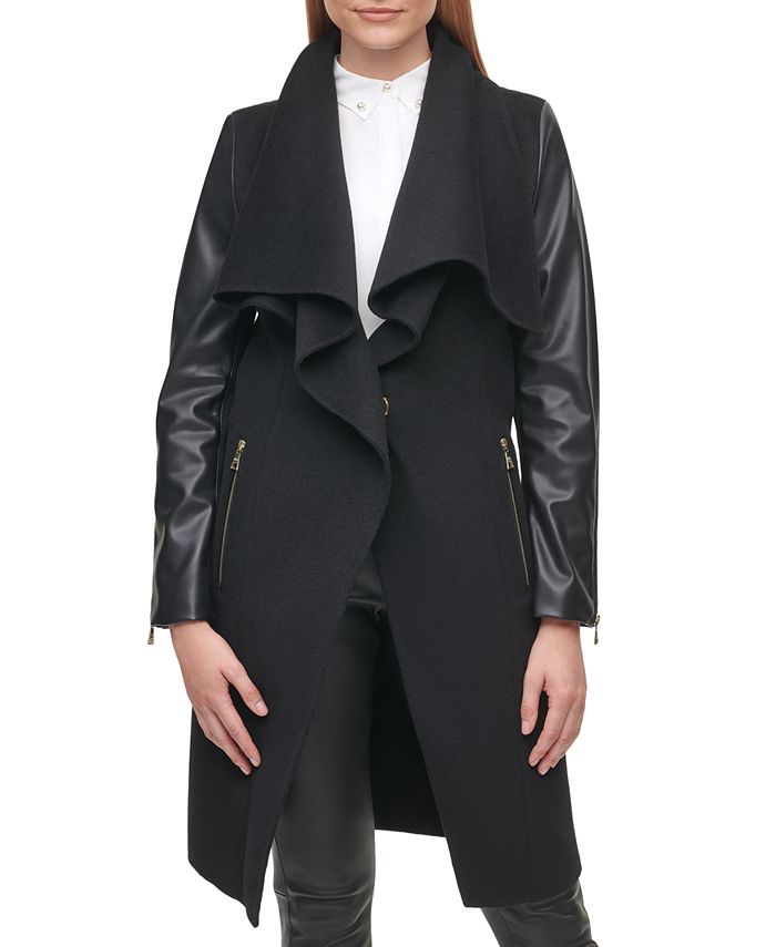 KARL LAGERFELD PARIS Women's Draped Mixed-Media Coat - Macy's