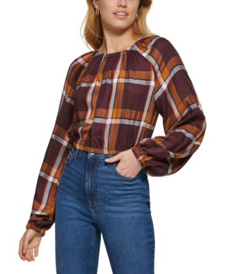 DKNY Jeans - Women's Plaid-Print Long-Sleeve Peasant Top