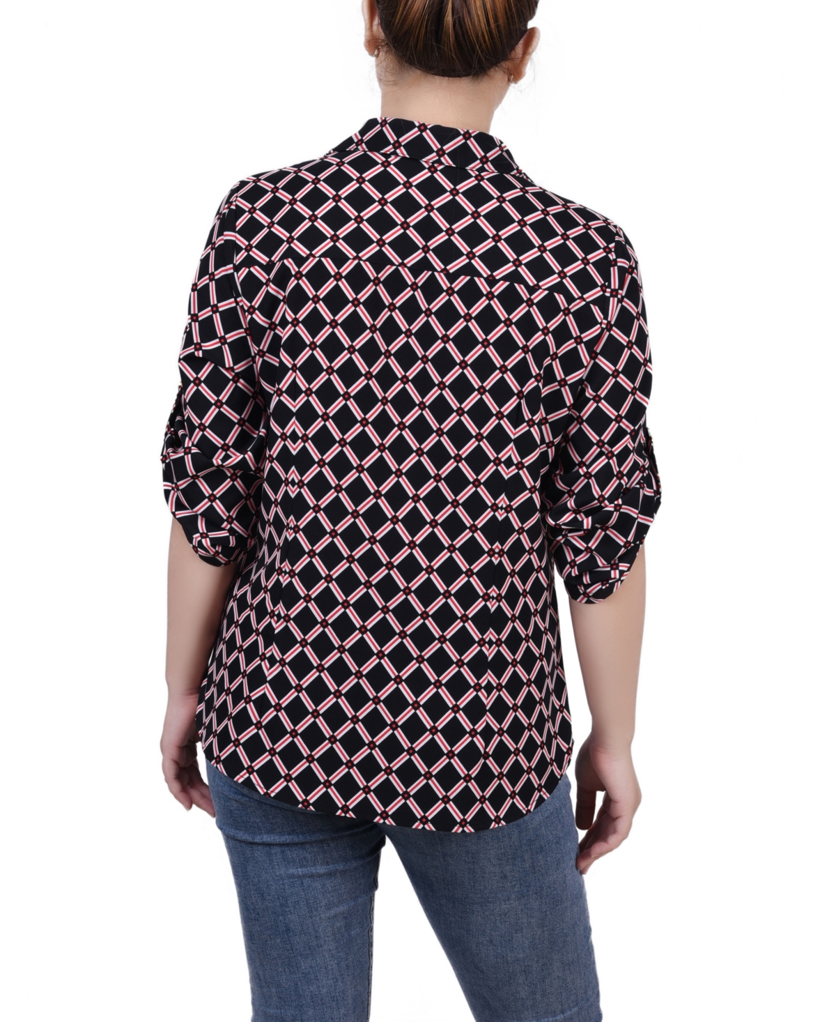Ny Collection Petite 3/4 Roll Tab Sleeve Zip Front Top - Red Chain