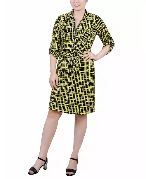 petite belted roll tab zip front shirtdress
