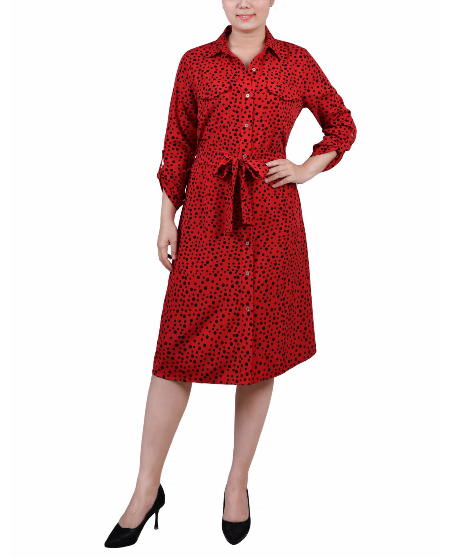 Petite Printed Long Sleeve Roll Tab Shirtdress