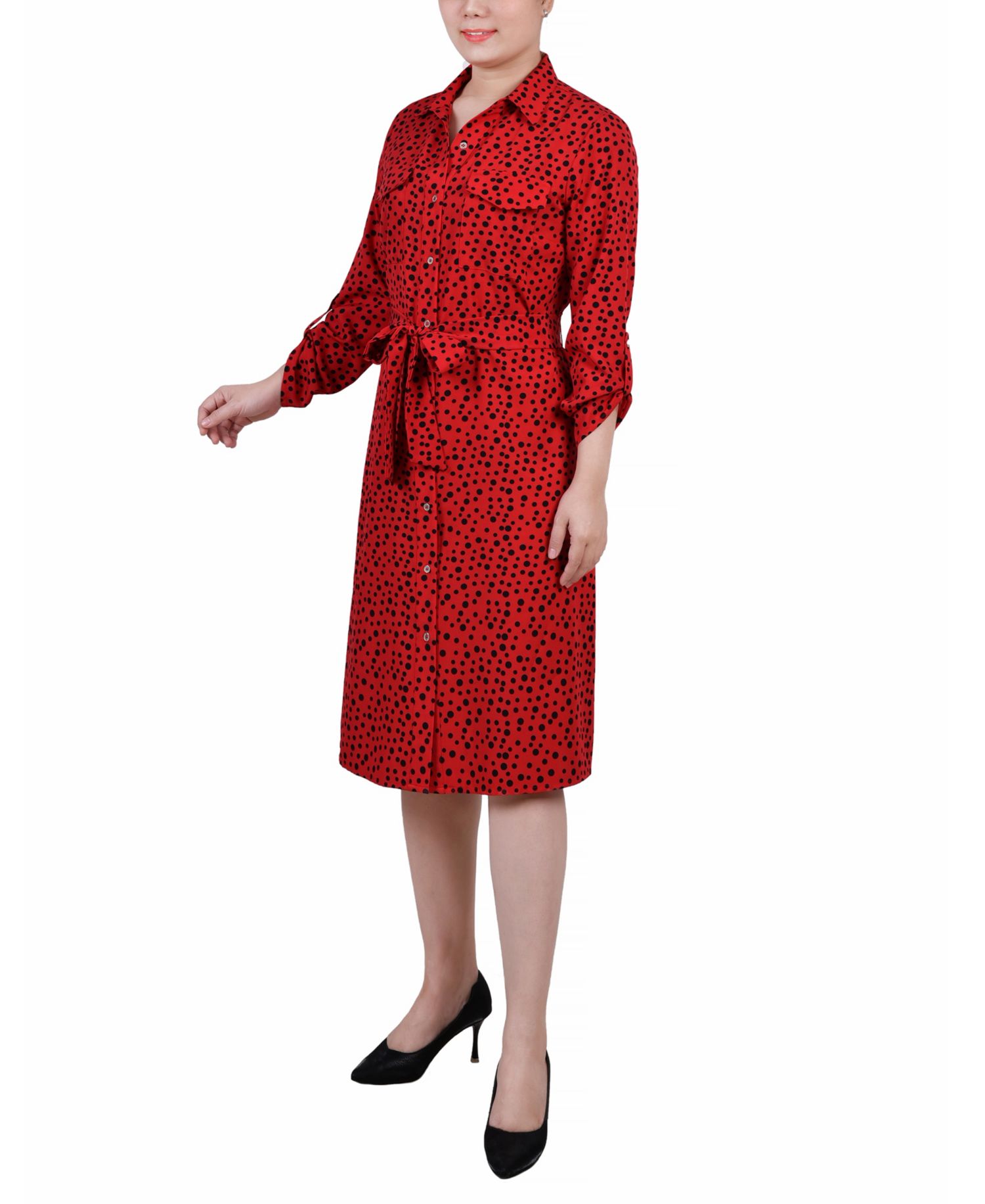Petite Printed Long Sleeve Roll Tab Shirtdress