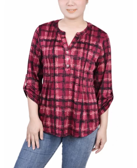 Petite 3/4 Roll Tab Sleeve Y-neck Top - Ashes Rose Plaid