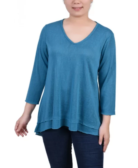 Petite 3/4 Sleeve V-neck Top - Crystal Teal