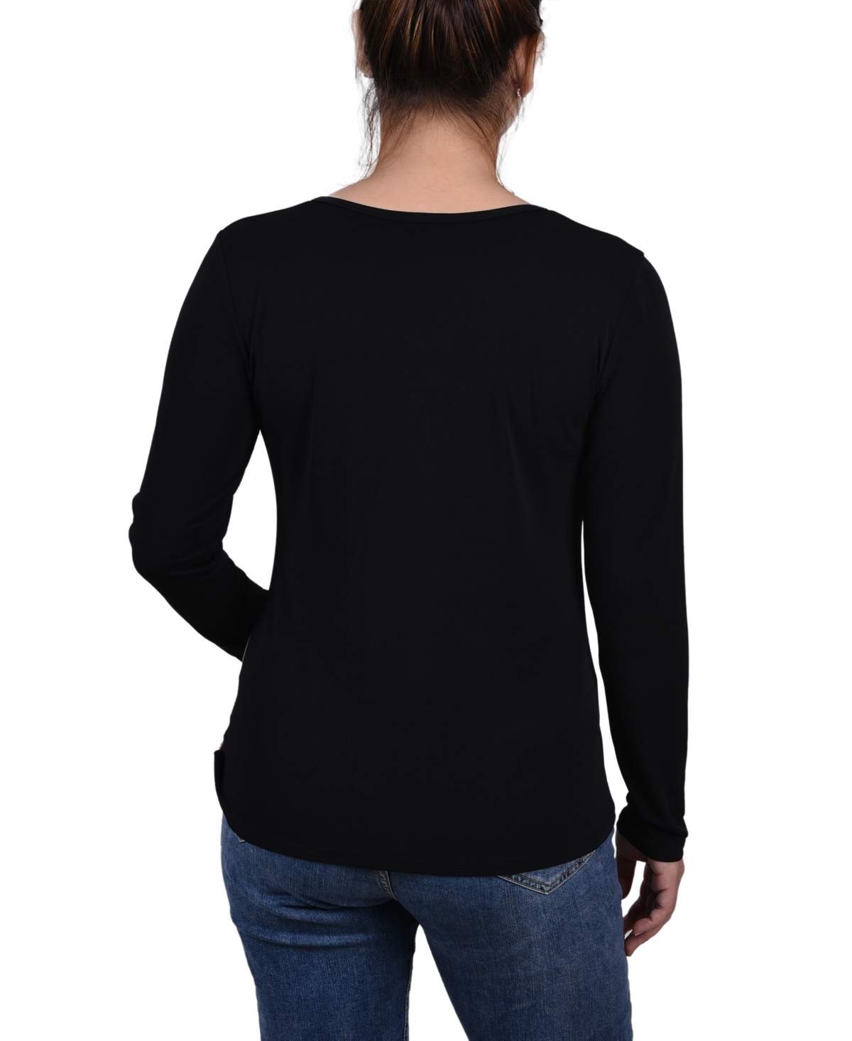 Ny Collection Petite Long Sleeve Studded Colorblocked Split Neck Top