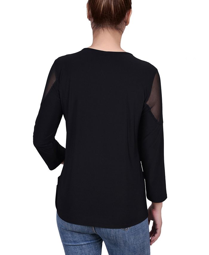 NY Collection Petite Long Sleeve Top with Mesh Insets - Macy's