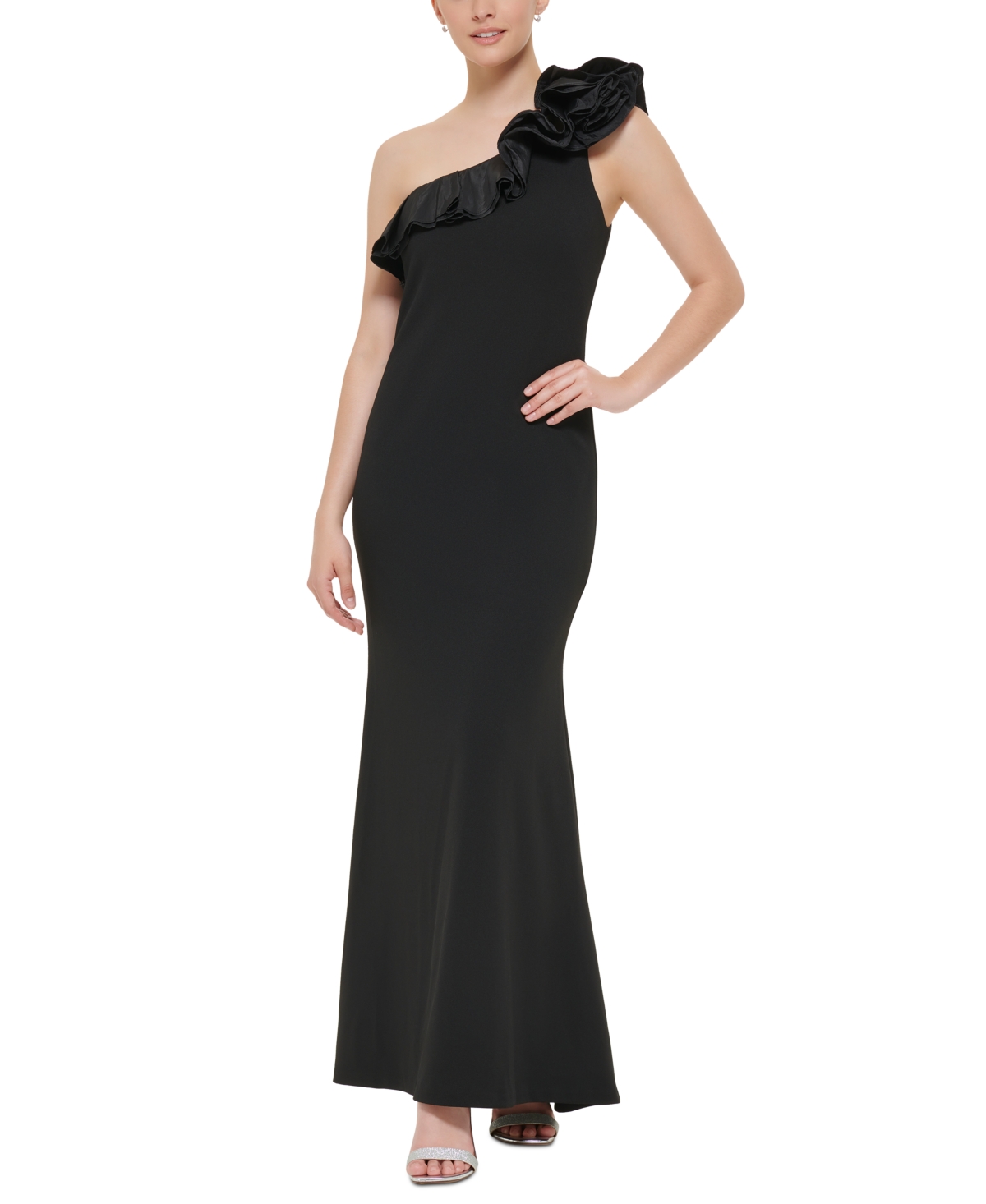Women's Rosette One-Shoulder Gown - Black