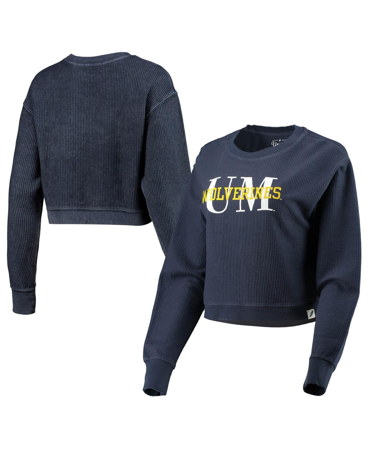 Shop League Collegiate Wear Women's  Navy Michigan Wolverines Classic Corded Timber Crop Pullover Sweatshi