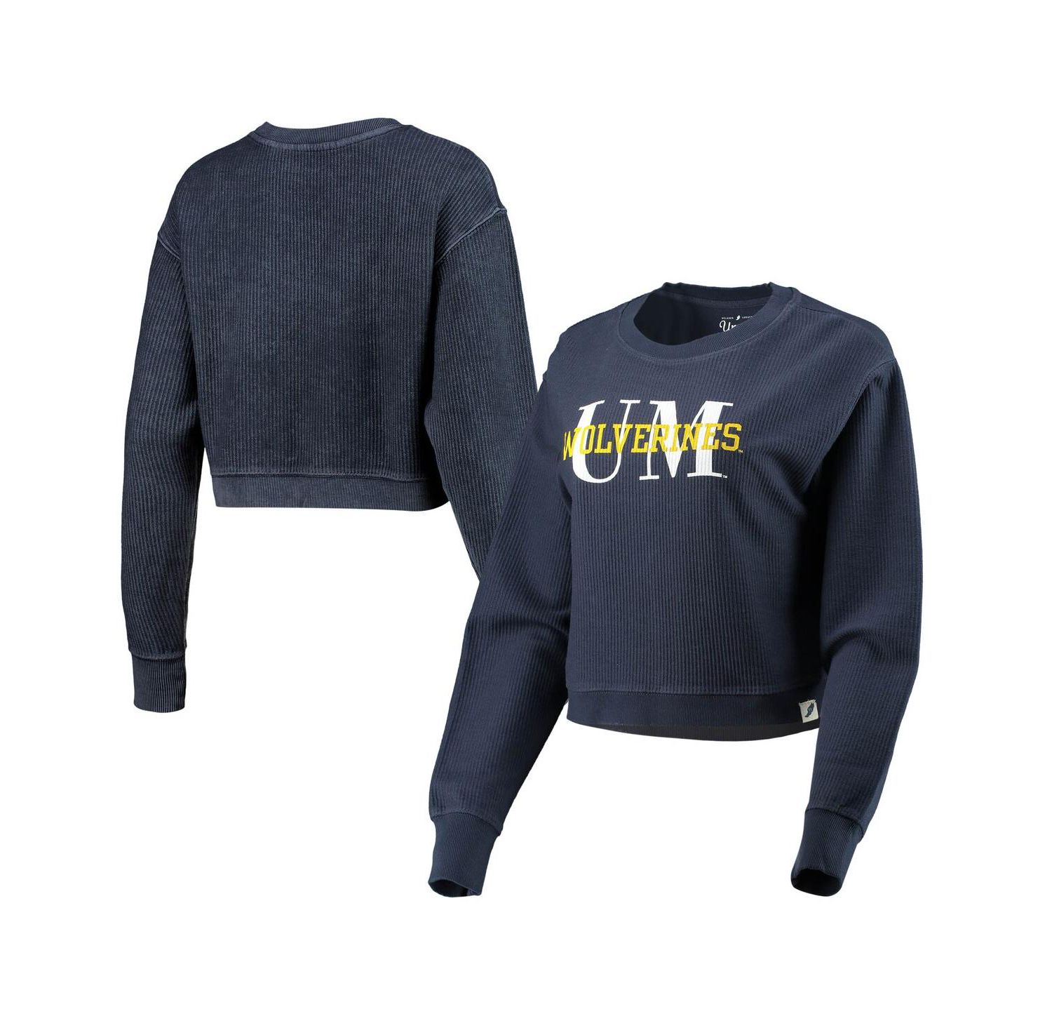 Women's Navy Michigan Wolverines Classic Corded Timber Crop Pullover Sweatshirt