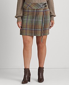 Plus-Size Plaid Fringe-Trim Tweed Miniskirt