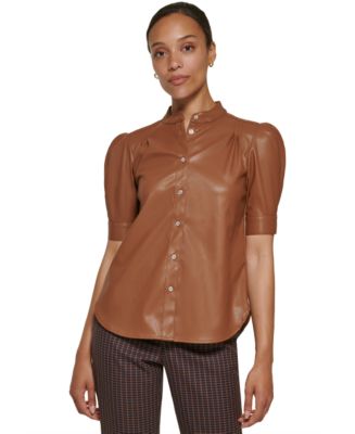 DKNY Faux Leather Puff Sleeve Button Front Blouse - Macy's