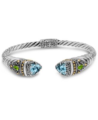 DEVATA - Blue Topaz and Peridot Bali Filigree Hinge Cuff Bracelet in Sterling Silver and 18K Gold