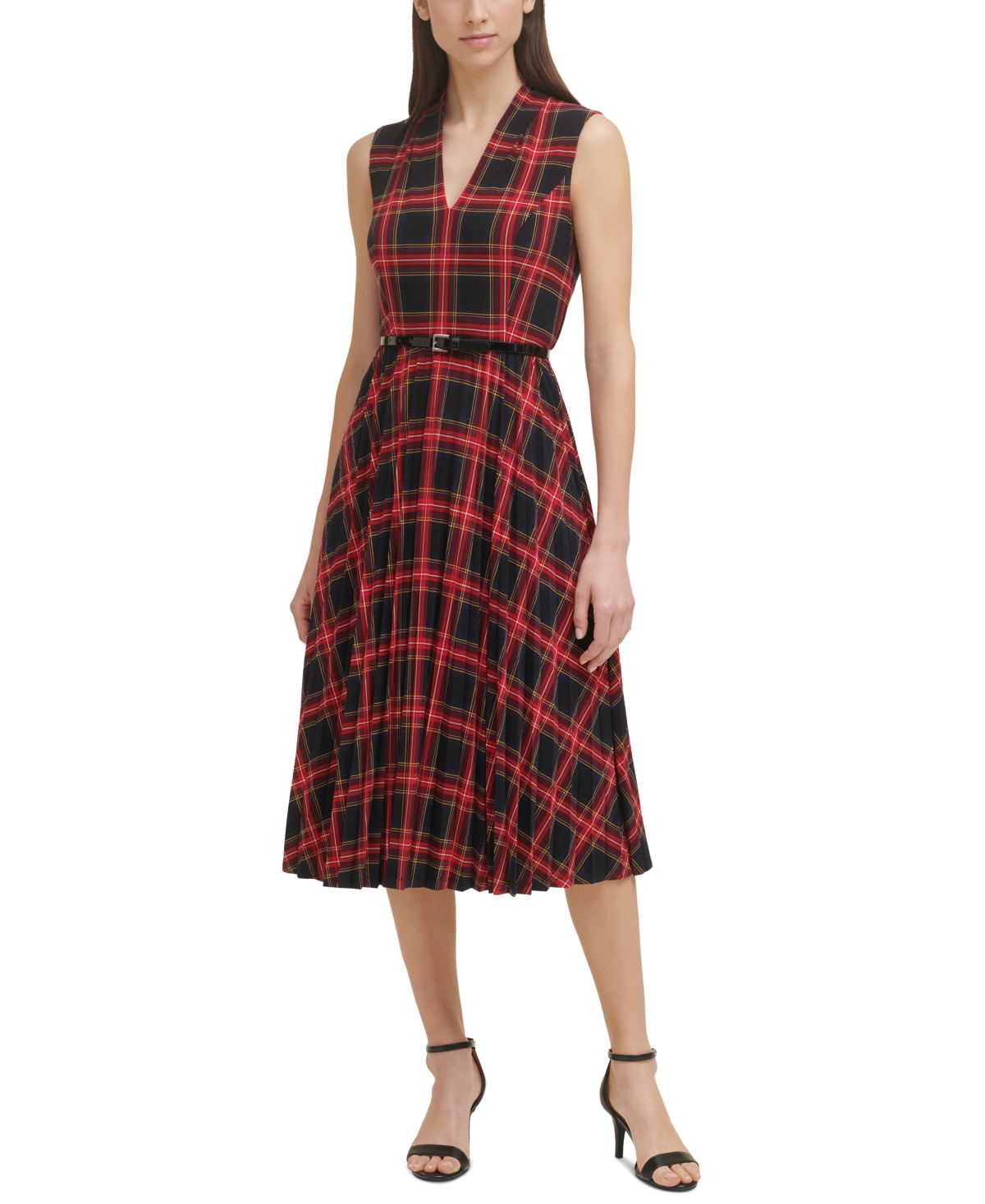Tommy Hilfiger Women's V-Neck Sleeveless Plaid Jersey Midi Dress