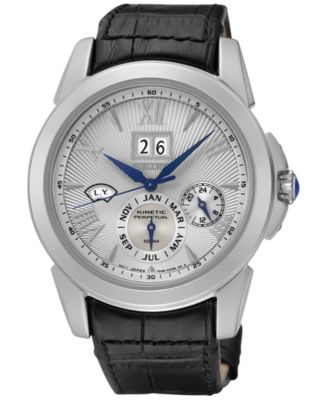Seiko Men's Kinetic Perpetual Calendar Black Leather Strap Watch