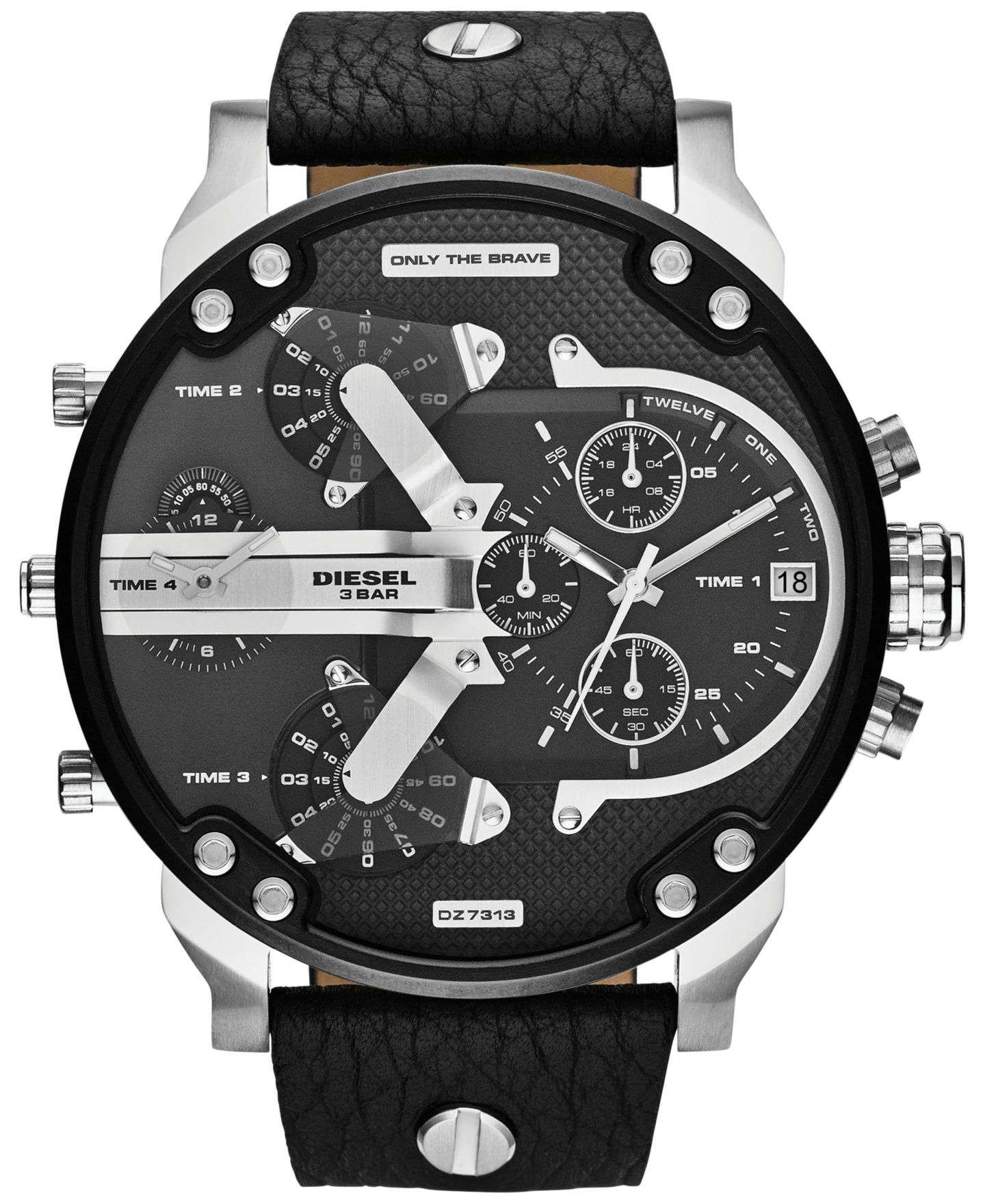 Мужские часы Diesel Chronograph Mr. Daddy 2.0 Black Leather Strap Watch 66x57mm DZ7313, цвет: Чёрный — фото 1