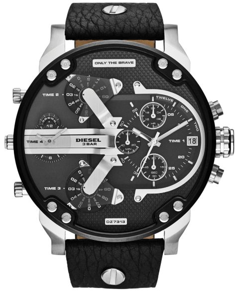 Мужские часы Diesel Chronograph Mr. Daddy 2.0 Black Leather Strap Watch 66x57mm DZ7313, цвет: Чёрный