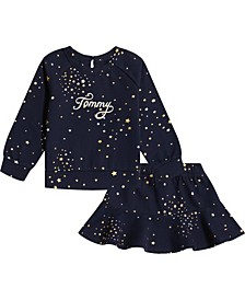 Toddler Girls 2 Piece Foil-Print French Terry Crew-Neck Pullover and Flounce Skirt Set