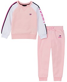 Little Girls 2 Piece Fleece Logo-Stripe Raglan Crew-Neck Pullover and Jogger Pants Set