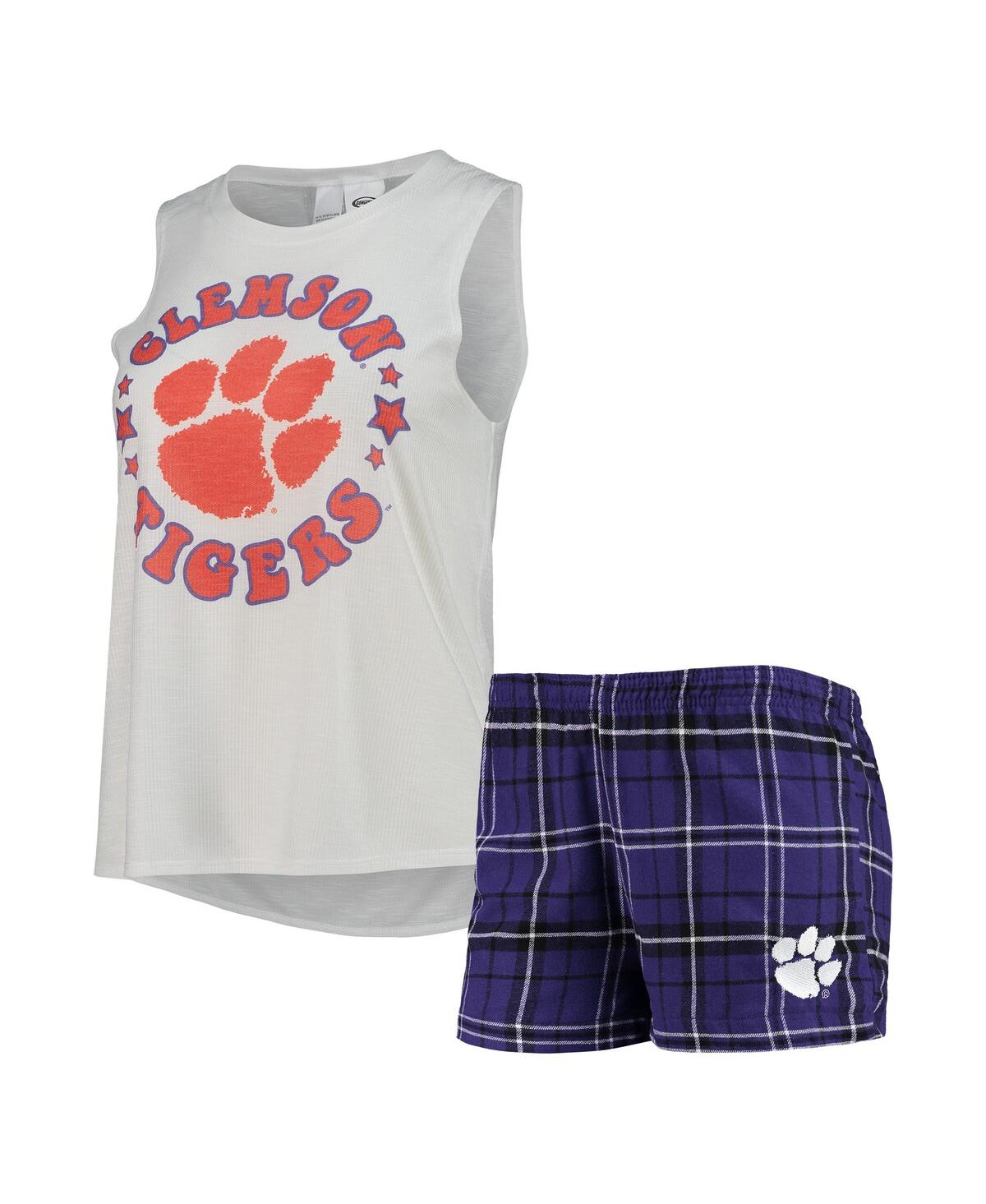 Shop Concepts Sport Women's  Purple, White Clemson Tigers Ultimate Flannel Tank Top And Shorts Sleep Set In Purple,white